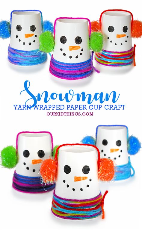 Paper Cup Snowman Craft Plastic Cup Christmas Crafts, Paper Cup Snowman Crafts, Christmas Paper Cup Craft, Paper Cup Christmas Tree, Snowman Cup Craft, Yarn Wrapped Snowman, Christmas Crafts With Cups, Winter Crafts With Toilet Paper Rolls, Christmas Cup Craft