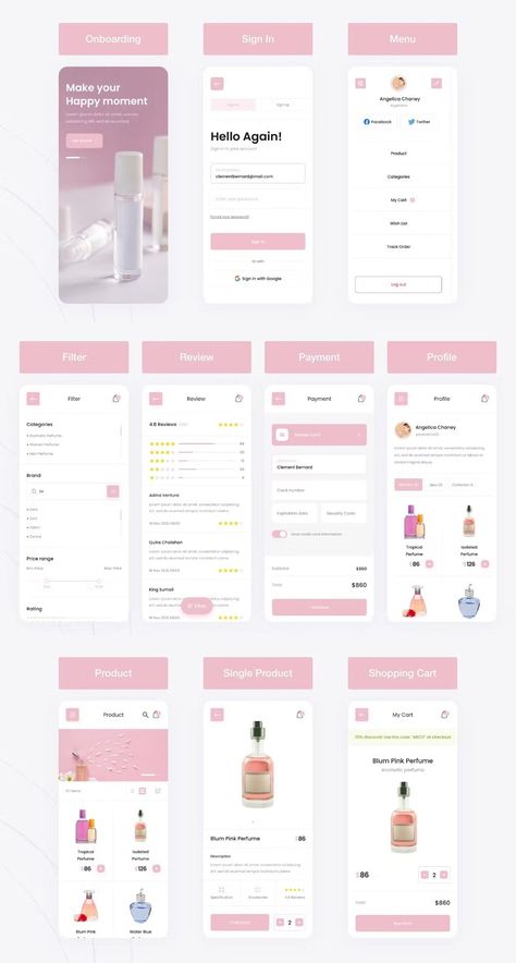 Elevate your mobile fragrance experience with this sophisticated Perfume Shop App UI Template. Beautifully crafted in Figma, Sketch, and XD, this template offers a seamless and engaging interface designed to showcase your exquisite perfume collection.  
.#CanvaTemplates #SocialMediaDesign #InstagramIdeas #PinterestTemplates #CreativeCanva Skincare App Design, Figma Design Ideas App, Beauty App Design, App Ui Design Inspiration, Fig Sketch, Skincare App, App Template Design, Desain Ux, Mobile Landing Page