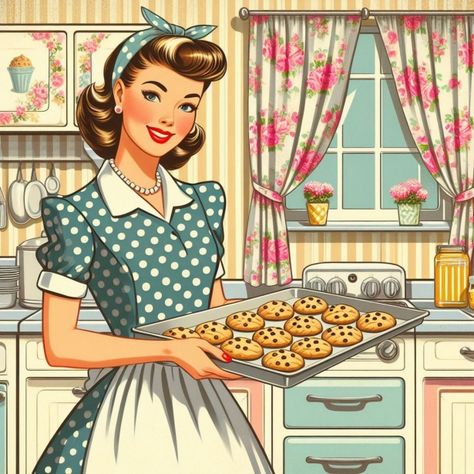 Vintage Cooking Illustration, 1940 Housewife, 1950s Pharmacy, 1950s Housewives, 1950 Housewife, Vintage 1950s Aesthetic, Coquette 60s, Woman In Kitchen, Kitchen Graphics