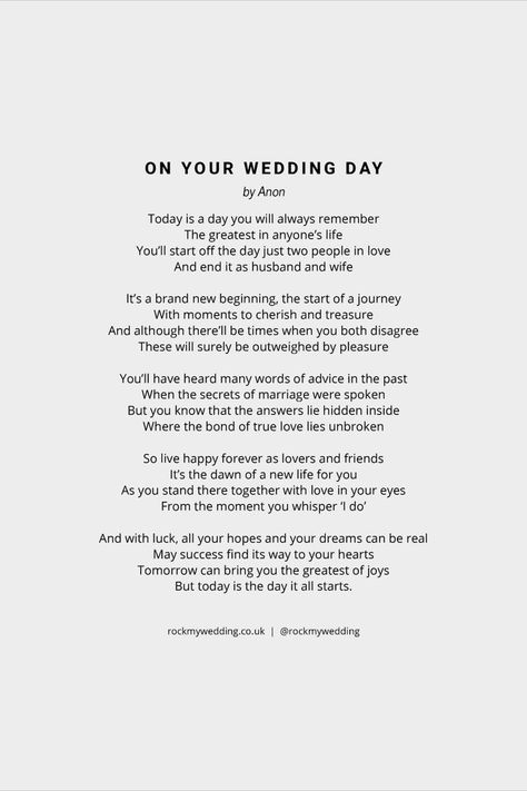 On Your Wedding Day by Anon Wedding Reading Poem Wedding Poems For Ceremony, Bridesmaid Speech Examples, Wedding Readings Funny, Wedding Poems Reading, Best Friend Wedding Speech, Marriage Poems, Wedding Officiant Speech, Vows Quotes, Wedding Wishes Quotes