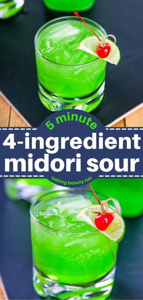 Melon Sour Cocktail, Gameday Drinks Alcohol, Midori Sour Recipe Easy, Sour Alcoholic Drinks, Madori Sour, Sweet And Sour Drink, Midori Sour Recipe, Midori Drinks, Midori Cocktails