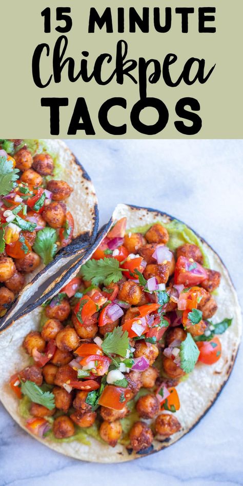 These delicious Chickpea Tacos only take 15 minutes to make and they're great for an easy weeknight family dinner or your next taco night! These tacos are vegan, but you can easily add cheese to make vegetarian. You'll want to save this recipe so you have it on hand when you don't have much time to make a healthy dinner! #tacos #chickpeatacos #easydinner #15minuterecipe #vegan Slow Cooker Recipes Shrimp, Veggies Ideas, Lasagna Recipe Slow Cooker, Paleo Slow Cooker Recipes, Vegan Chickpea Recipes, Tacos With Avocado, Slow Cooker Pasta Recipes, Tortillas Recipe, Chickpea Tacos