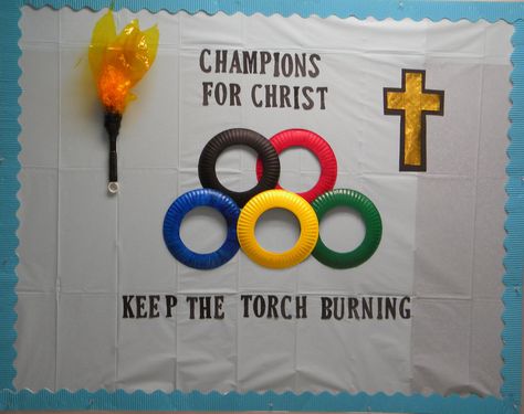 August Bulletin Board for FCC Olympic Themed Vbs Decorations, Olympics School Theme Bulletin Boards, Olympic Vbs Theme, Sunday School Olympics, Olympic Themed Vacation Bible School, Olympic Vbs Crafts, Vbs Olympics Theme, Olympic Vbs Decorations, Cathletics Vbs