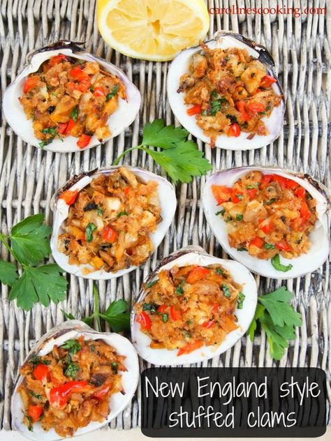 New England style stuffed clams - a delicious appetizer made with steamed clams and seasoned buttered breadcrumbs, baked until crisp on top but moist within.  #SundaySupper: Stuffed Quahogs, Stuffed Clams, Baked Clams, Clams Recipe, Clams Casino, Steamed Clams, Clam Bake, Clam Recipes, Shellfish Recipes