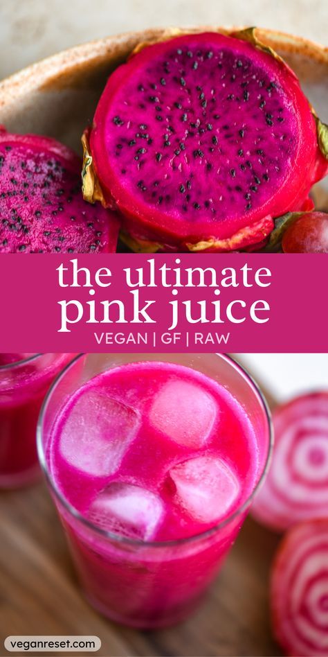 This Pink Dragonfruit Juice with Candy Cane Beets is a delight! Packed with tons of nutrients & just the right amount of sweetness, this delicious juice is sure to impress they eyes & the tastebuds! #juicing #rawvegan #glutenfree 💗🌿 High Carb Vegan Recipes, Candy Cane Beets, Sugar Free Vegan Recipes, Mexican Beverages, Inflammation Smoothie, Reset Recipes, Fruit Powders, Fresh Juice Recipes, Juicy Juice