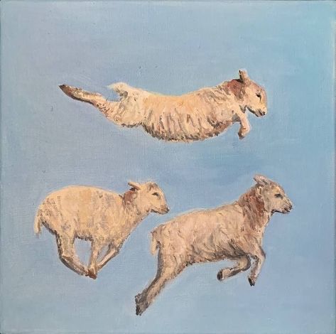 Counting Sheep Painting, Sleeping Sheep Illustration, Whimsical Animals Art, Sheep Oil Painting, Sheep Paintings Easy, Contemporary Oil Painting, Sheep Art Painting, Lambs Painting, Goat Symbolism