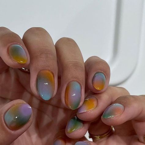 Julianna on Instagram: "So artsy 🧑‍🎨 🎨 • • • #gelart #nailart #gel #nails #nailsoftheday #naildesignsideas #nailinspo #bestnails #nailaddict #nailsmagazine #trendynails #nailpro #nailitdaily #nailart #summernails" Easy Beginner Gel Nail Designs, Fun Short Nails, Eclectic Nails, Mountain Nails, Graphic Nails, Watercolor Nails, Artsy Nails, Gradation Nails, Water Color Nails