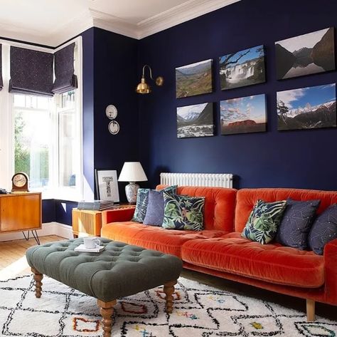 How to Use a Burnt Orange Sofa in Your Living Room | Apartment Therapy Orange Couches, Blue And Orange Living Room, Sacrificial Lamb, Orange Couch, Orange Sofa, Living Room Orange, Room Apartment, Blue Living Room, Decor Minimalist