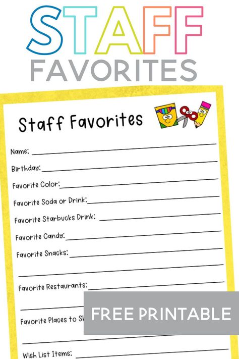 Staff Favorites Sheet, Staff Information Sheet, Favorite Things Teacher Printable, Staff Likes Survey, Just A Few Of Your Favorite Things Form, Teacher Favorites List, Staff Favorites Questionnaire, Staff Questionnaire Favorite Things, Teacher Information Sheet For Gifts