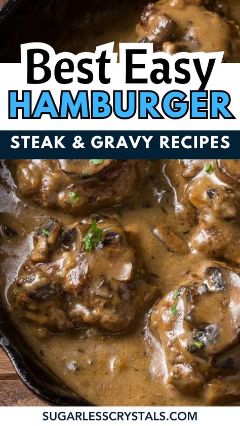 Ready for a mouth-watering weeknight dinner? Our Hamburger Steak with Mushroom Gravy recipe is the perfect combo of juicy and savory! This dish will make your taste buds dance with every bite! Check out the recipe now! An easy dinner recipe of hamburger steak with mushroom gravy. Juicy, flavorful hamburger steaks seared then covered in a rich and creamy homemade mushroom gravy. Hamburger Steaks And Gravy, Hamburger Mushroom Recipes, Baked Hamburger Steak, Hamburger Steak With Mushroom Gravy, Hamburger Steak With Brown Gravy, Steak With Mushroom Gravy, Baked Hamburgers, Hamburger Steak Recipes, Hamburger Steaks