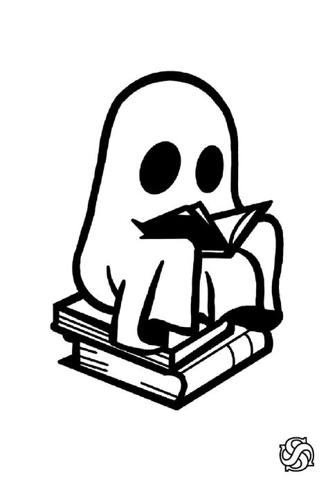 Harry Potter Ghost Tattoo, Ghost Sketches Cute, Ghost Listening To Music Tattoo, Ghost With Headphones Tattoo, Ghosts Doing Things Drawing, Book Ghost Tattoo, Ghost Book Tattoo, Reading Ghost Tattoo, Ghost Reading Tattoo