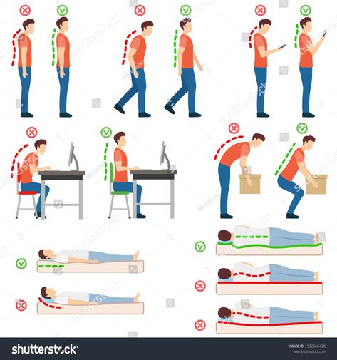 Good posture. Correct and incorrect human poses. Neutral spine. Man standing, walking, looking at a smartphone, sittin #Ad , #sponsored, #Neutral#poses#spine#standing Massage Marketing, Physical Therapy Student, Standing Posture, Kayak Storage, Lower Back Pain Exercises, Posture Exercises, Stomach Problems, Neck And Back Pain, Body Posture