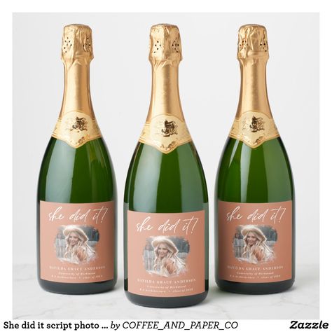 She did it script photo graduation terracotta chic champagne label Painted Champagne Bottle Graduation, College Graduation Champagne Bottle, Engraved Champagne Bottle, Custom Champagne Bottle Labels, Graduation Wine Labels, Sparkling Wine Label, Graduation Design, Champagne Bottle Labels, Lilac Grey