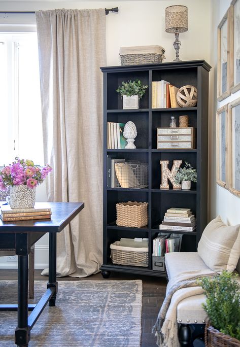 Black Office Furniture, Sanctuary Home Decor, Office Organization Tips, Sanctuary Home, Home Office Makeover, Black Bookcase, Cozy Home Office, My Home Office, Budget Ideas