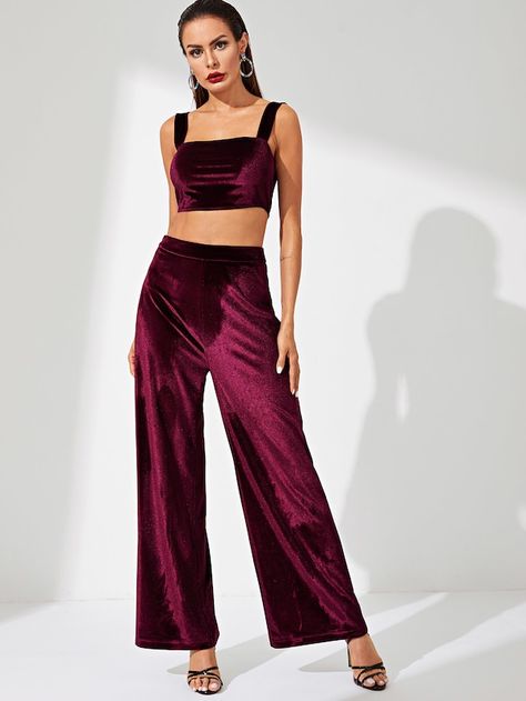 Thick Strap Velvet Crop Top & Palazzo Pants Co-Ord -SheIn(Sheinside) #velvet #ootd #outfit #style #outfitoftheday Velvet Top And Pants, Velvet Crop Top Outfit, Velvet Two Piece Outfit, Velvet Top Designs, Crop Top Palazzo, Velvet One Piece, Coord Sets, Black Velvet Top, Persian Fashion