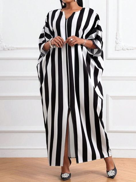 Autumn And Winter Casual Black White Woven Notched Straight One Piece Sleeve Maxi Plus Size Dresses Fall Women Dresses Robe Black and White Casual,Modest  Half Sleeve Woven Fabric Colorblock,Plain,Striped A Line Non-Stretch  Women Plus Clothing, size features are:Bust: ,Length: ,Sleeve Length: Black And White Dresses Plus Size, Simple Kaftan Dress, Straight Dresses For Women, Simple Straight Dress, Straight Dress Styles, Kaftan Styles For Ladies, Black And White Stripe Dress, Simple Long Dress, Kaftan Women