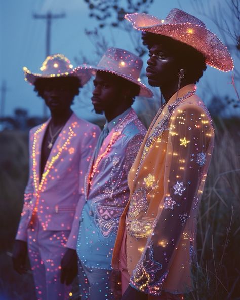 Colorful Cowboy Aesthetic, Colorful Cowboy Outfit, Sci Fi Christmas, Camp Halloween Costume, Cosmic Cowboy Aesthetic, Neon Cowboy Aesthetic, Black Men Reference, Drag Cowboy, Space Cowboy Costume Men