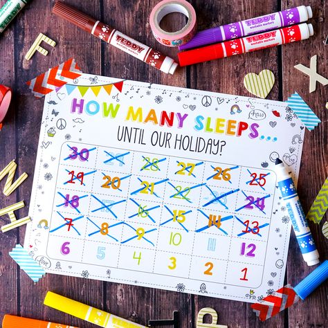 How Many Sleeps Free Countdown Calendar. Keep the excitement and anticipation for the next vacation, birthday party, family visit or special occasion alive! Download right here! #howmanysleeps #countdowncalendar #freeprintables #kidscalendar Birthday Countdown Calendar, Countdown Birthday, Countdown For Kids, Countdown Calendar Printable, 40th Party Ideas, Vacation Countdown, Cousin Camp, Vacation Birthday, Sixth Birthday