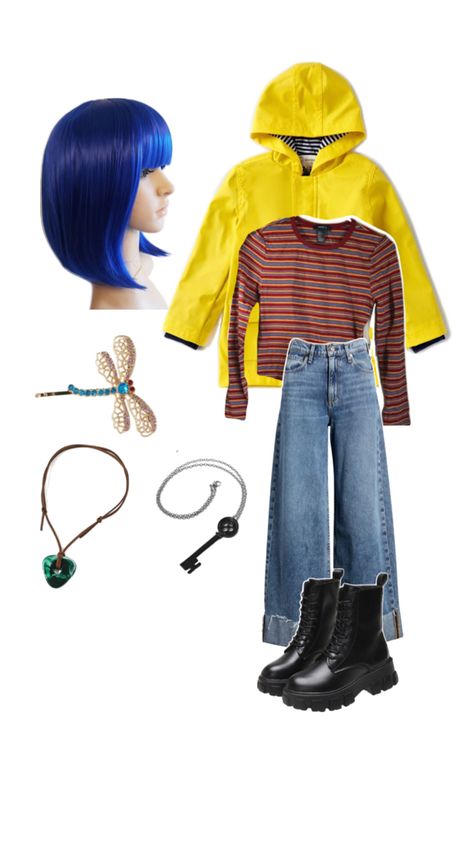 Coraline Diy Costume, Coraline Costume Aesthetic, Coraline Costume Ideas, Coraline Costume Diy, Diy Coraline Costume, Last Minute Halloween Costumes For Women Diy, Caroline Costume, Coraline Inspired Outfit, Coraline Hair