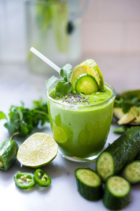 Mexican Green Smoothie- with Avocado, Jalapeño, Cilantro, Lime, Kale and Pineapple. Delicious and nutritious...and vegan! | www.feastingathome.com #smoothie #avocado #cilantro #pineapple #avocadosmoothie Vegetable Smoothie Recipes, Avocado Smoothie Recipe, Feasting At Home, Mexican Breakfast Recipes, Breakfast Smoothie Recipes, Healthy Green Smoothies, Avocado Smoothie, Milk Shakes, Vegan Smoothies