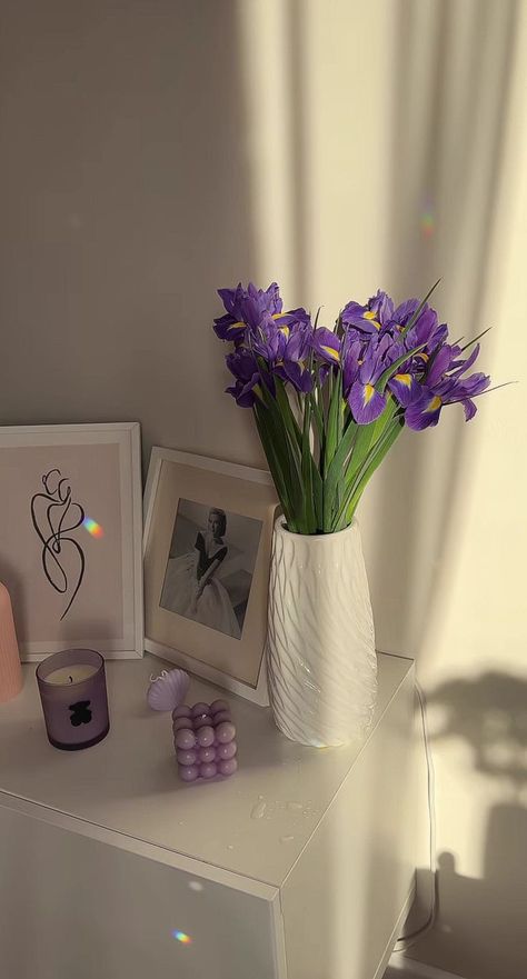 Purple Flowers, Vase, Candles, Purple, Flowers, White