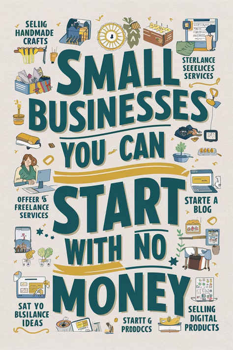 Illustration of various small business ideas with bold text overlay saying "Small Businesses You Can Start with No Money." Own My Own Business, Business Ideas Philippines, Business With No Money, Owning A Business, Best Business To Start, Start A Small Business, Starting A Small Business, Starting Small Business, Start A Business From Home