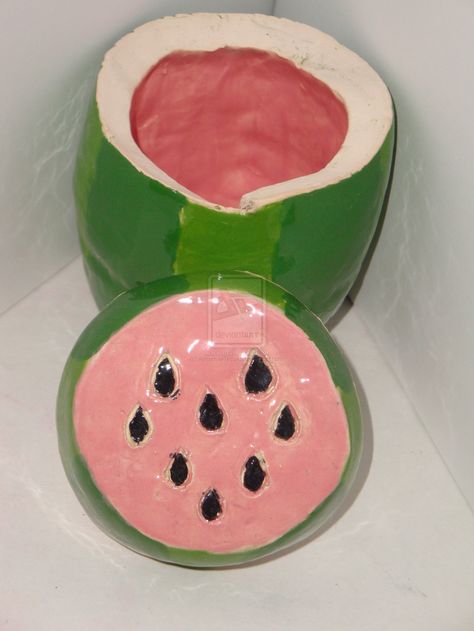 Watermelon Double Pinch Pot by ~AnnamaeTezuka on deviantART Double Pinch Pot Ideas, Double Pinch Pot, Pinch Pot Ideas, Pinch Pottery, Simple Pottery, Clay Pinch Pots, Pottery Pinch Pot, Clay Creatures, Ceramic Containers