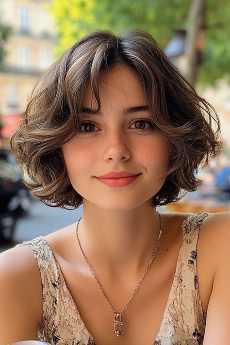 Short Bob Hairstyles Ginger, 40s Bob Haircut, Medium Feminine Haircut, Textured French Bob With Bangs, French Bob With Wispy Bangs, Short Romantic Hairstyles, French Bob For Thick Hair, Curly French Bob Haircut, Brown Bobs Haircuts