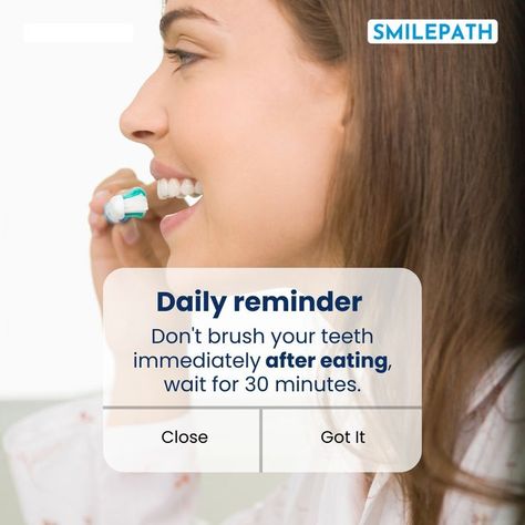 Know someone who brushes their teeth right after every meal? While we love the enthusiasm for oral hygiene, this practice might cause damage to the tooth! Especially after eating acidic foods like oranges or lemon, which weakens the tooth’s enamel. 🦷 Pro tip: If you need to clean your mouth immediately after a meal, rinse with water or a mouthwash first! Otherwise, do wait at least 30 minutes after eating to brush your teeth. #Smilepath #smilepathnz #tips #dental #dailyreminder #reminder Smile Craft, Dental Instagram, Dental Post, Dental Pictures, Dental Social Media, Dental Images, Dental World, Teeth Alignment, Dental Posts