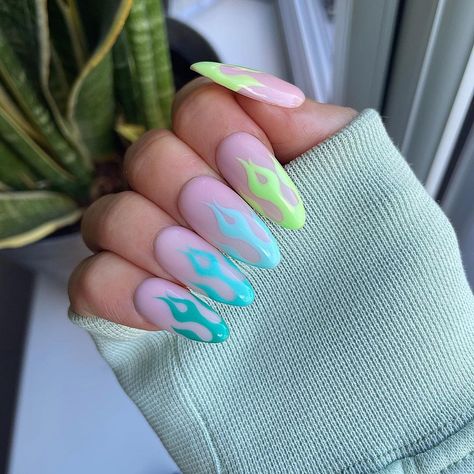 Acrylic Nails Green, Nail Ideas Blue, Painted Flames, Nails Light Blue, Green Flames, Blue Nail Ideas, Sky Blue Nails, Nails Inspo Aesthetic, Famous Nails