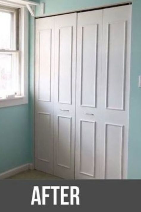 Wooden Closet Doors, Diy Closet Door Makeover, Faux Crown Molding, Cheap Crown Molding, Easy Diy Closet, Diy Closet Door, Cozy Bedroom Diy, Old Closet Doors, Bifold Doors Makeover