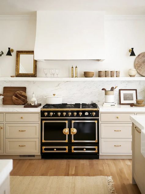 Why This Homeowner Renovated Her Perfectly Fine, White Farmhouse Kitchen Kitchen Range Styling, Scandinavian Kitchen Marble, Black Range Kitchen, Kitchen Hood With Sconces, Kitchen Hood Tall Ceiling, Renovated Farmhouse Kitchen, Marble Shelf Kitchen, Cabinet Fronts Styles, Connecticut Homes