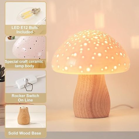 BOHON Mushroom Lamp, Ceramic Bedside Table Lamp for Bedroom Nightstand, Vintage Cute Night Light, Small Lamp for Living Room Kids Desk Home Decor Girls Mother's Day Gifts, LED Bulb Included, Pink - Amazon.com Nightstand Vintage, Cute Lamps, Lamp Ceramic, Cute Night Lights, Pink Amazon, Kids Desk, Bedroom Nightstand, Pink Room Decor, Bedside Table Lamp