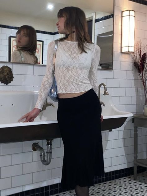 How To Style White Lace Top, Outfit With Lace Top, Lacey Tops Outfit, White Lace Long Sleeve Top Outfit, Lace Undershirt Outfit Long Sleeve, Lace Winter Outfit, Jazz Outfits Style Woman, Lace Tank Top Outfit Layered, White Lace Shirt Outfit