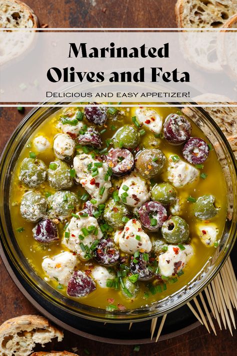 These Marinated Olives and Feta are a delicious appetizer or a great addition to any salad! They're salty, savory, and a little spicy. You only need a few simple ingredients, the recipe can be made ahead, and it takes just a few minutes to make! Serve it with toasted bread or crackers, in a salad, or with pasta. It makes a great everyday starter and it's perfect as a part of an appetizer spread at any party. Olives Feta Appetizer, Feta Stuffed Olives, Feta Olive Salad, Olive Bruschetta Recipe, Grilled Olives, Olive Recipes Appetizers, Antipasto Appetizer, Olive Appetizer, Marinated Cheese