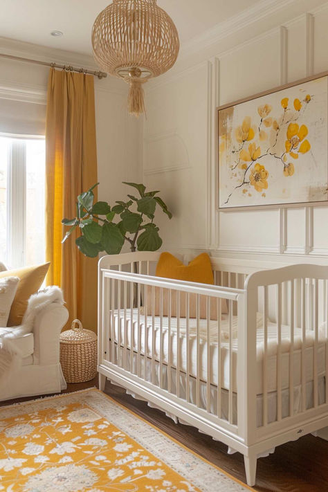 50 Gorgeous Baby Girl Nursery Designs for a Bright Space Here Comes The Sun Nursery Theme, Yellow Nursery Girl, Gender Neutral Nursery Ideas, Modern Gender Neutral Nursery, Yellow Baby Room, Sunshine Room, Baby Girl Nursery Ideas, Nursery Yellow, Neutral Nursery Ideas