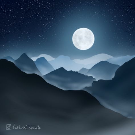 Moon And Mountains Drawing, Moon Mountain Painting, Big Moon Painting, Night Time Mountains, Moon And Mountains Painting, Mountain Painting Night, Midnight Drawing, Mountain Landscape Drawing, Mountain Painting Acrylic