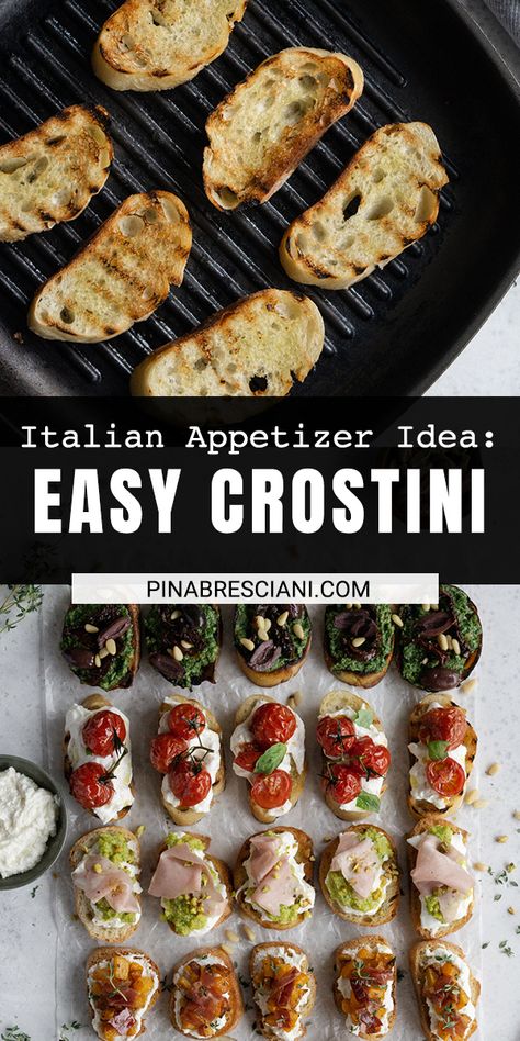 How To Make Crostini, Crostini Toppings, Toast Aperitif, Italian Snacks, Crostini Appetizers, Italian Dinner Party, Italian Party, Italian Menu, Crostini Recipes