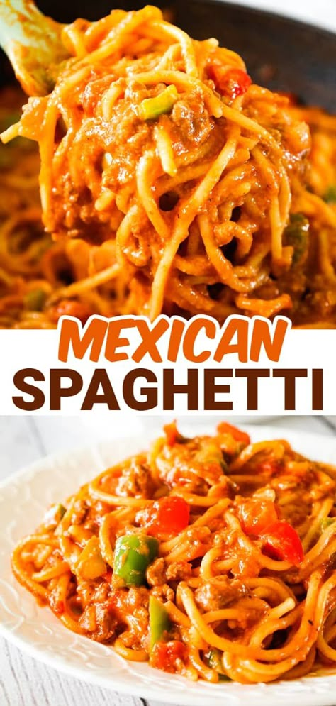 Mexican Spaghetti is a hearty pasta recipe loaded with ground beef, red peppers, green peppers, onions, Rotel diced tomatoes and green chilies, taco seasoning and shredded cheese. Spaghetti With Peppers, Mexican Spagetti Recipe, Mexican Style Spaghetti, Mexican Speggetti Recipes, Mexican Speggetti, Rotel Tacos Recipes, Rotel Spaghetti Ground Beef, Rotel Recipes Dinner Tonight, Pasta With Rotel