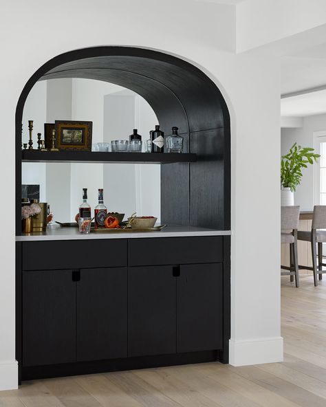 Ebony built-in bar with open shelving, antiqued mirror, and cut-outs for handles. Bar Layout, Wet Bar Designs, Bar Nook, Home Bar Cabinet, Bar Designs, Built In Bar, Home Bar Designs, H Design, Living Room Bar