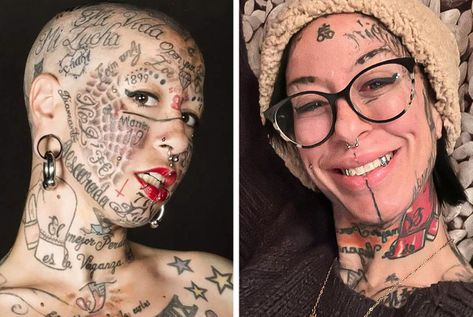 Spain’s Most Tattooed Woman Reveals the Reason She Erased Most Tattoos from Her Face Tattoo Of A Womens Face, Tattoo Of Faces Woman, Facial Tattoos For Women, Bald Head Tattoos Women, Woman’s Face Tattoo Design, Vintage Women Tattoos Faces, Woman’s Face Tattoo Sleeve, Bald Head Tattoo, Heavily Tattooed Women