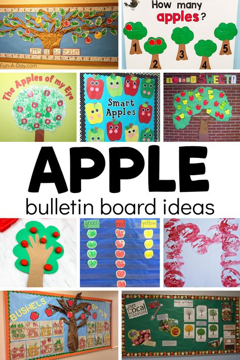 12 apple bulletin boards ideas to integrate into your next apple theme or your fall lesson plans. These apple bulletin boards are perfect for preschool, pre-k, and kindergarten kids and correlate to multiple early learning skills. Click on the Fun-A-Day.com link for more information. September Bulletin Board Kindergarten, Apple Classroom Theme Bulletin Boards, Back To School Apple Theme, Apple Bulletin Board Ideas Kindergarten, Apple Theme Bulletin Board Ideas, Apple Bulletin Boards Preschool, Fall Apple Bulletin Board Ideas, Fall Bulletin Board Ideas For Preschool September, Apple Classroom Door Ideas