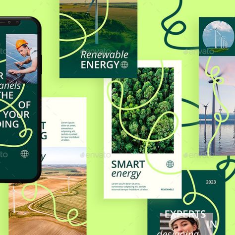 Renewable Energy - Social Media Templates Green Social Media Template, Home Social Media Design, Green Energy Branding, Renewable Energy Branding, Solar Panel Creative Ads, Scientific Branding, Corporate Social Media Design, Energy Advertising, Eco Aesthetic