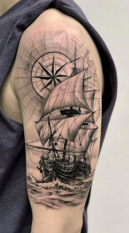 Ship Tattoo Sleeves, Pirate Ship Tattoos, Nautical Tattoo Sleeve, Navy Tattoos, Storm Tattoo, Tato Dengan Makna, Boat Tattoo, Unique Tattoos For Men, Pirate Tattoo