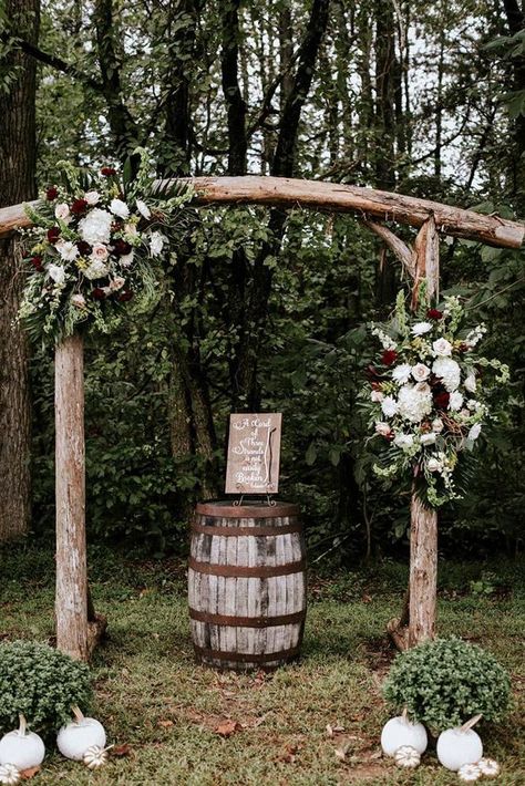 36 Rustic Wedding Decor For Country Ceremony ❤ rustic wedding decor woodland arch with greenery white and burgundy flowers wine barrels goodness gracious photography #weddingforward #wedding #bride #rusticwedding #rusticweddingdecor Wedding Arch Teepee, Rustic Arch Decor, Cedar Arch Wedding, Cedar Wedding Centerpieces, Cedar Wedding Arch, Wedding Arches Rustic, Cedar Wedding Decor, Homemade Wedding Arch, Backyard Wedding Arch