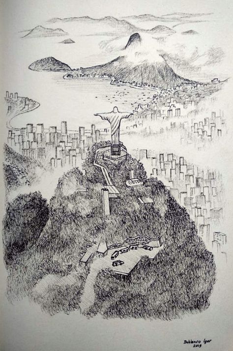 Rio Sketch, Brazil Sketch, South America Tattoo, Rio Drawing, Brazil Tattoo Ideas, Brazil Tattoo, Brazil Drawing, Skyline Drawing, Brazil Art