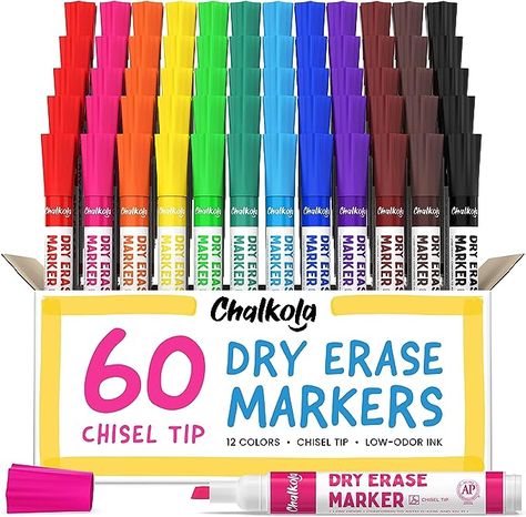 Chalkola Dry Erase Markers Bulk - 60 Pack (12 Vibrant Colors), Chisel Tip White Board Markers Dry Erase Pens - Erasable Whiteboard Marker for Kids, Office, Teacher Supplies, Back to School Supplies White Board Markers, Home Office Supplies, Erasable Markers, Purple Yellow Orange, Neon Pastel, Whiteboard Marker, Marker Set, Dot Markers, Copper Brown