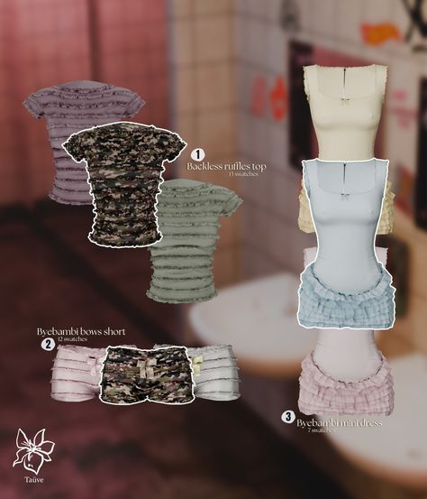 BYEBAMBI - CLOTHING SET Out now on my patreon 3 new mesh clothing pieces + Blender versions ea: 11/05 Thank u @babiimartinez and @nonchalant.whims for modeling for me! Scene by: @etoile__sims Sims 4 Cc Women Clothes, Sims Blender, Sims Collection, Sims 4 Free Mods, Ts4 Lookbook, Clothes Cc, Sims 4 Tsr, Sims 4 Traits, Mesh Clothing