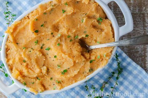 Brown Butter Mashed Turnip (Rutabaga) with Roasted Garlic | Girl Heart Food® Mashed Turnip Recipes, Mashed Turnip, Sourcrout Recipes, Mashed Rutabaga, Garlic Mashed Potatoes Easy, Turnip Recipes, Veggie Side Dish Recipes, Thanksgiving Food Sides, Simple Pantry