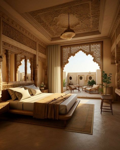 Rajasthani Interior Design, Indian Style Bedroom, Modern Arabic Interior, Bad Room Design, Bedroom Concept, Bathroom Wallpaper Ideas, Castle House Design, Moroccan Houses, Indian Bedroom